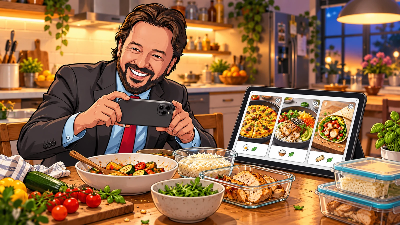 L’avatar fotografa avanzi mentre un tablet mostra idee per riutilizzarli
