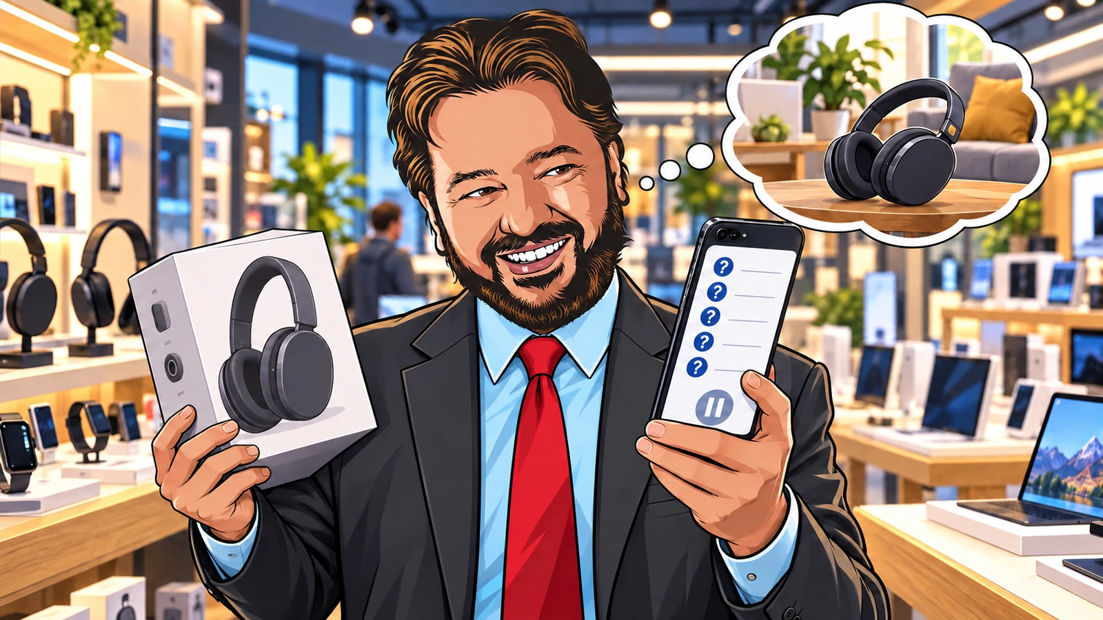 L’avatar riflette sull’acquisto di cuffie mentre consulta domande sullo smartphone