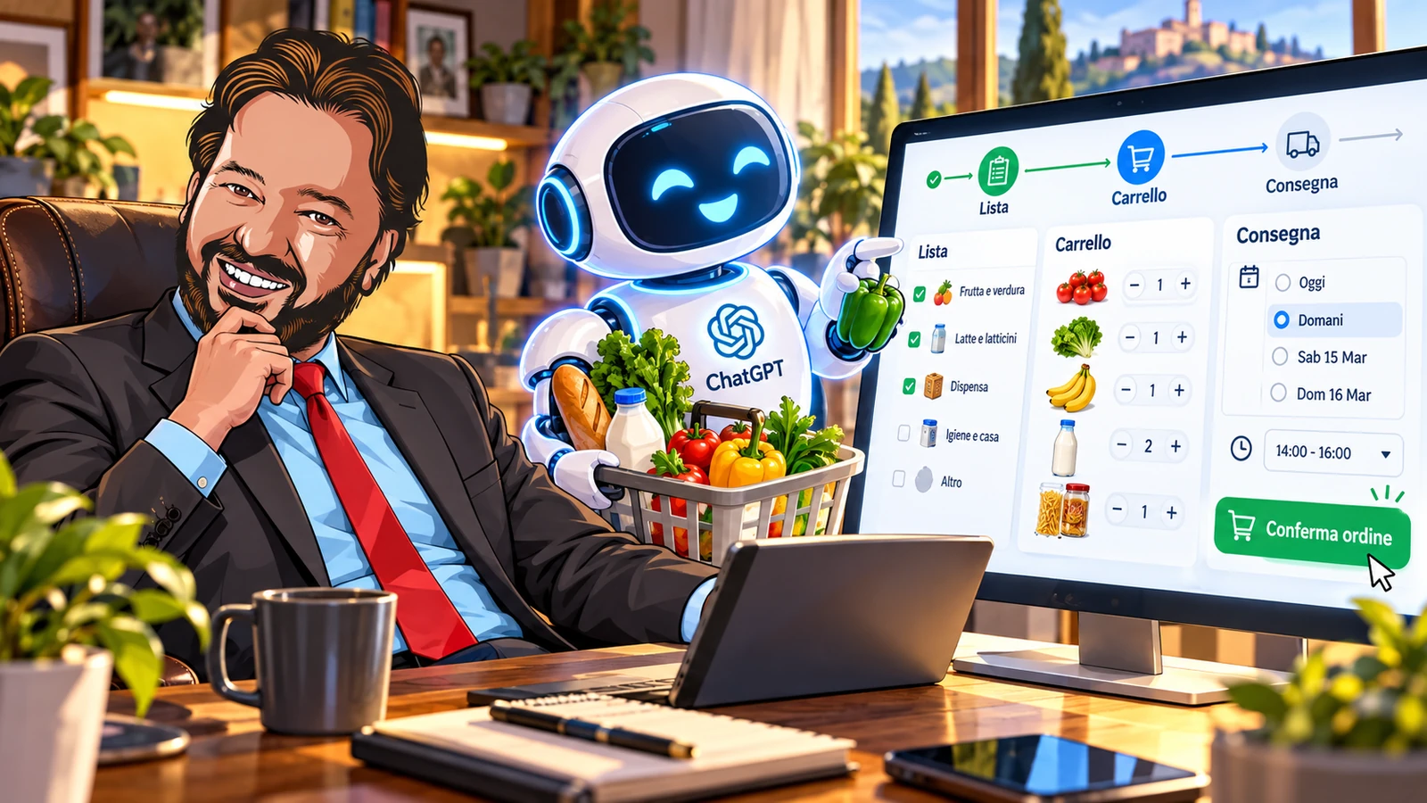 L’avatar supervisiona un agente ChatGPT che organizza un carrello della spesa online