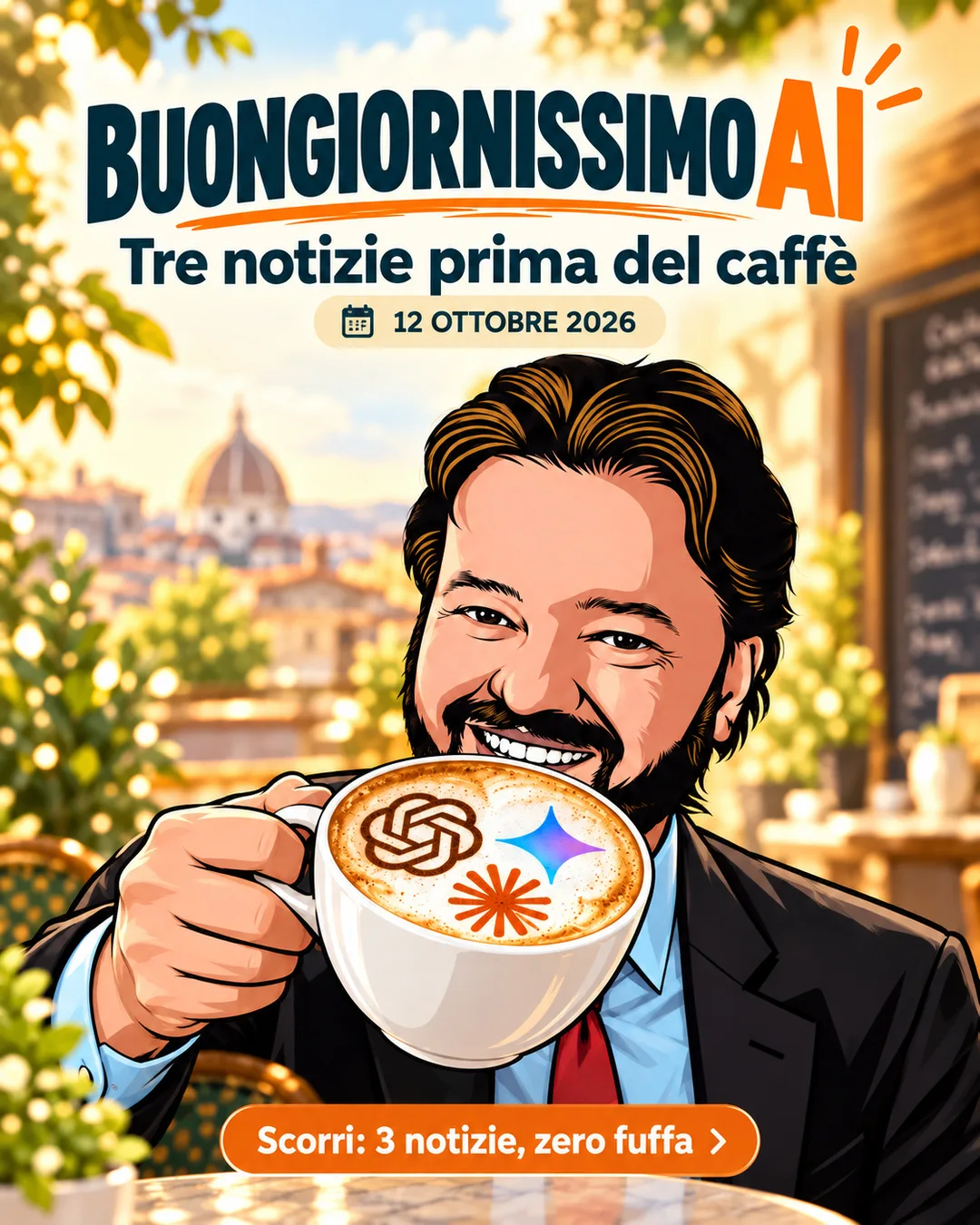 Copertina Buongiornissimo AI con avatar e caffè.