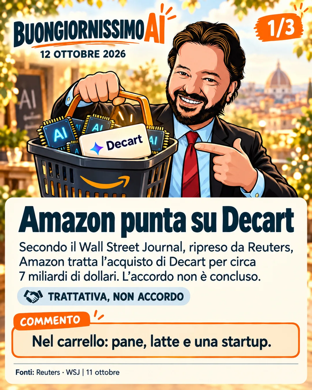 Scheda 1 del primo carosello Buongiornissimo AI del 12 ottobre 2026.