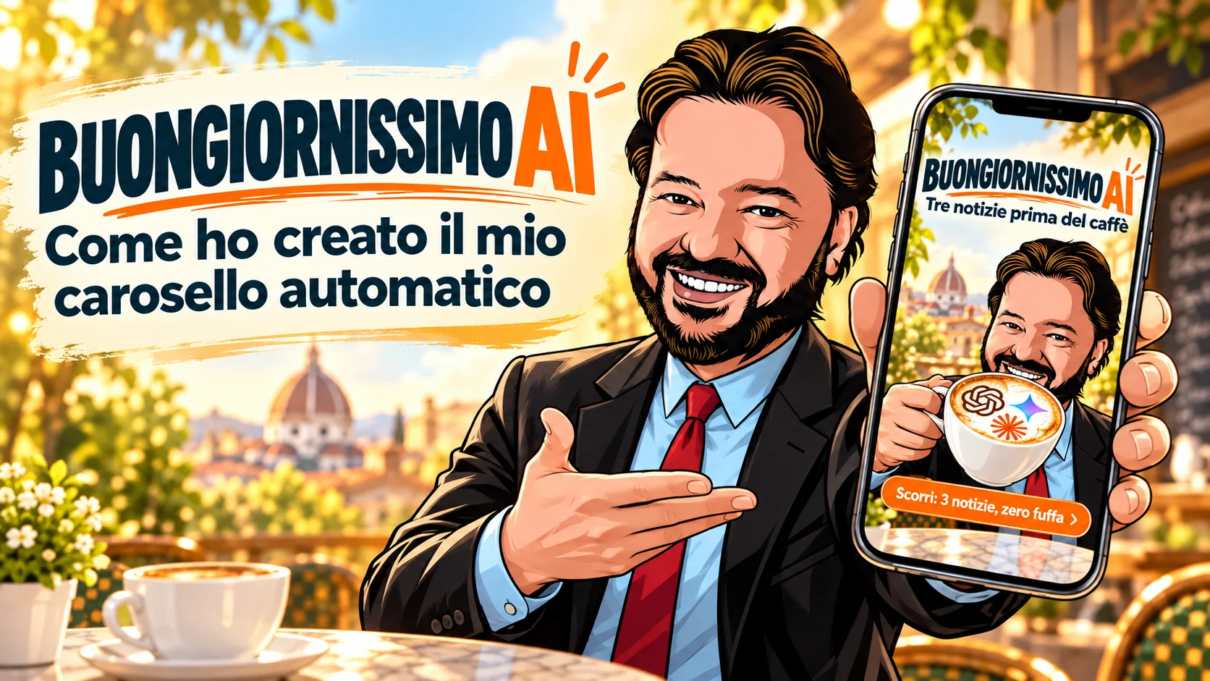 L’avatar di Gianluigi Bonanomi presenta uno smartphone con la copertina Buongiornissimo AI, Tre notizie prima del caffè.