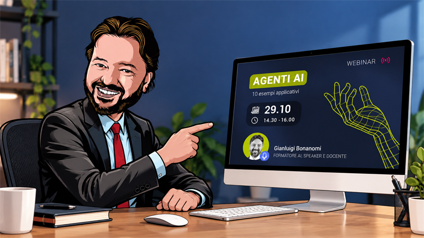 Gianluigi Bonanomi guarda sul monitor la locandina del webinar gratuito sugli agenti AI