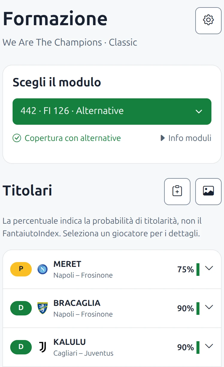 Schermata dimostrativa ufficiale di Fantaiuto con selezione del modulo e indicatori dei giocatori