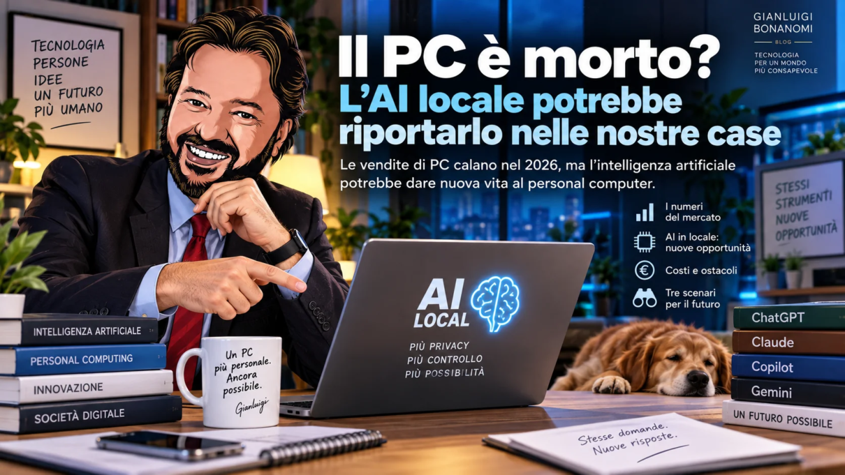 Avatar di Gianluigi Bonanomi accanto a un computer con AI locale, copertina articolo sul futuro dei PC