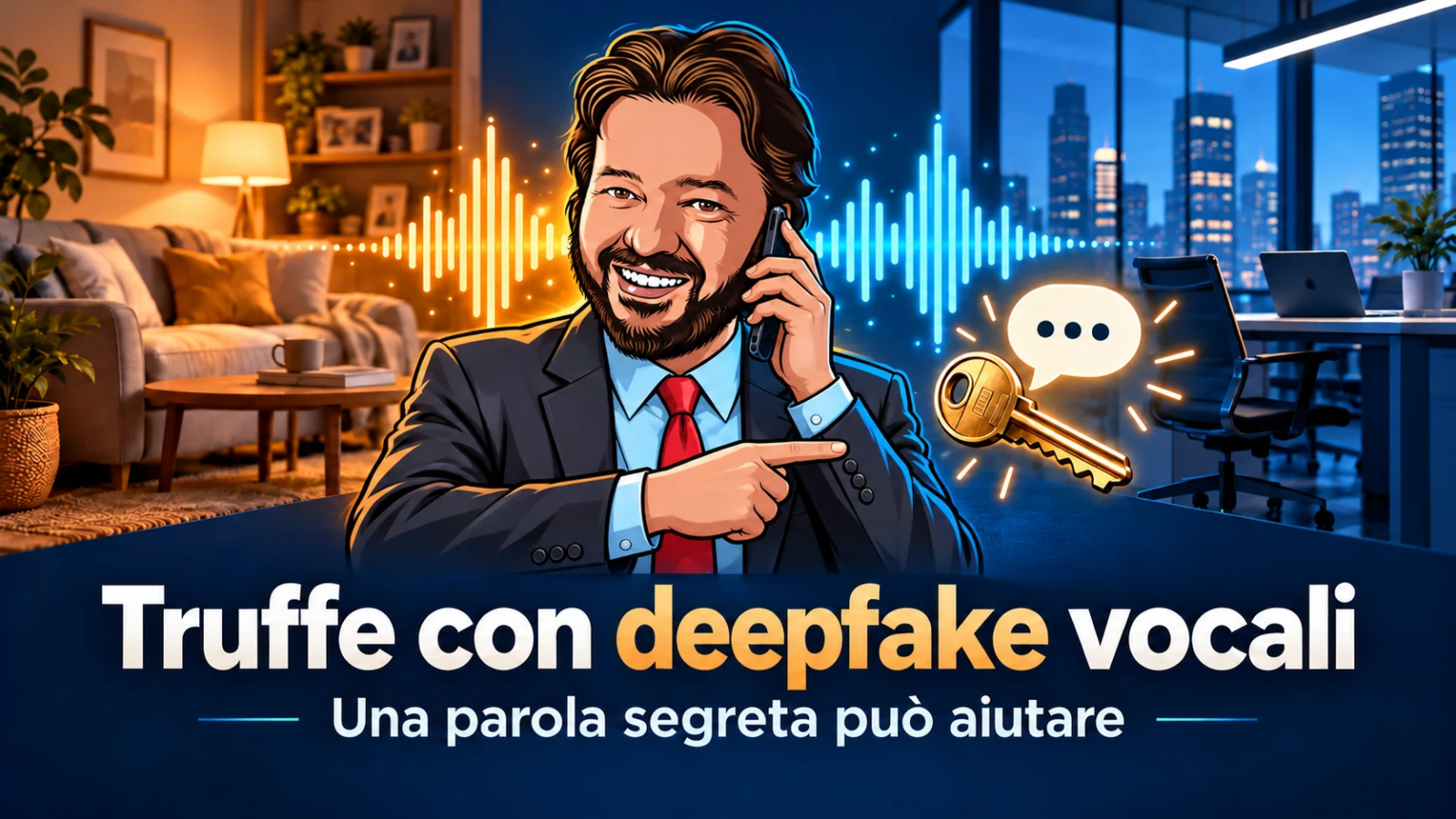 Avatar di Gianluigi Bonanomi al telefono indica una chiave, simbolo della frase segreta contro le truffe con deepfake vocali in azienda e in famiglia.