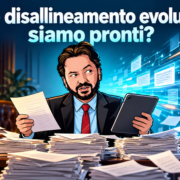 AI e disallineamento evolutivo: siamo pronti? Avatar di Gianluigi Bonanomi tra documenti tradizionali e un flusso di contenuti AI, metafora del disallineamento evolutivo