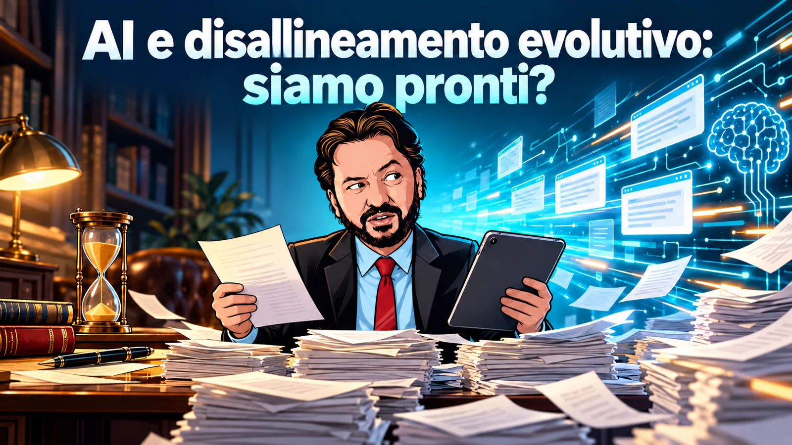 Avatar di Gianluigi Bonanomi tra documenti tradizionali e un flusso di contenuti AI, metafora del disallineamento evolutivo