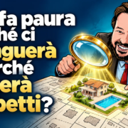L’AI fa paura perché ci estinguerà o perché stanerà i furbetti? Avatar di Gianluigi Bonanomi con una lente digitale su una casa e una piscina: AI contro l’evasione fiscale e le irregolarità catastali