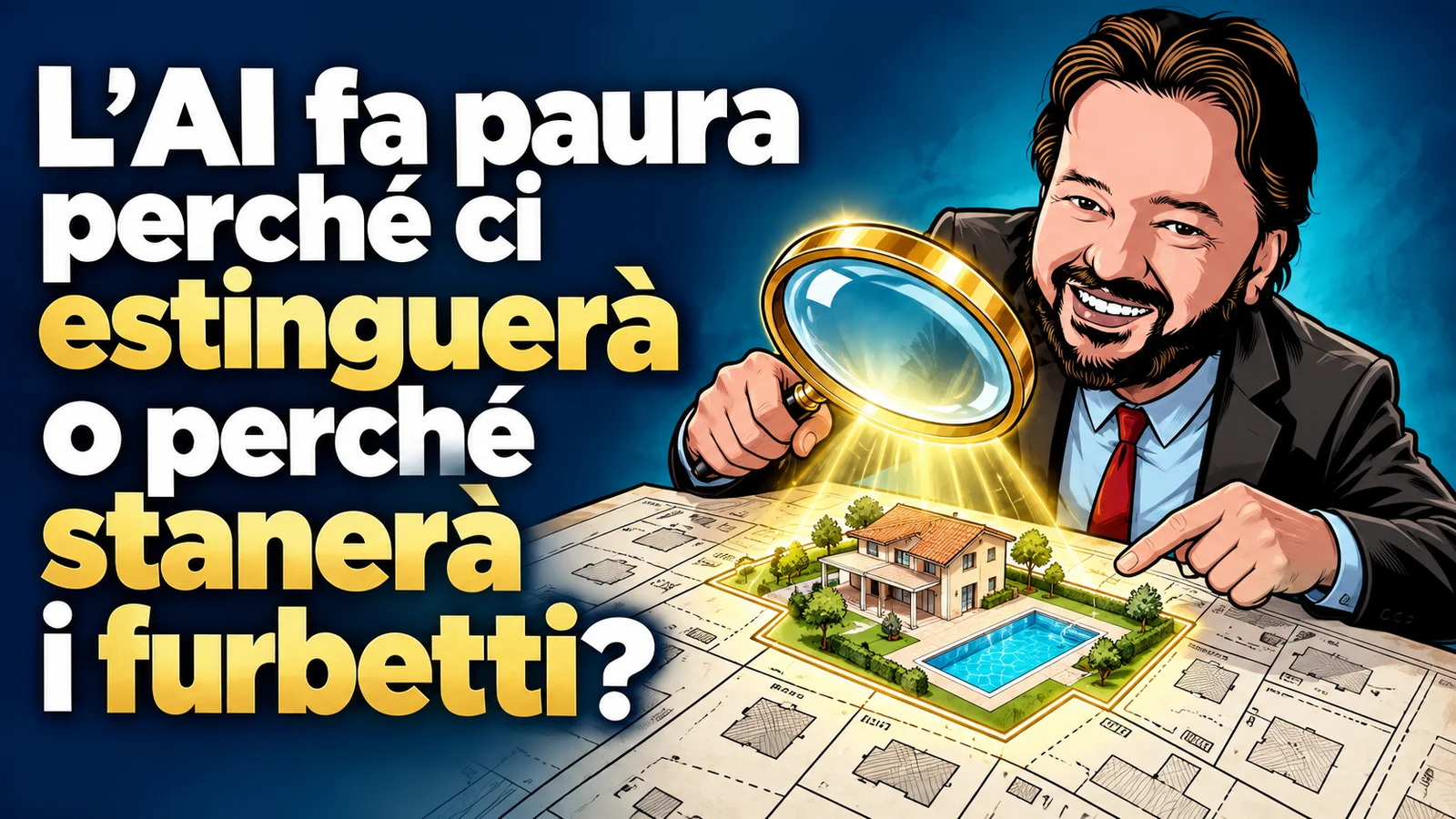 Avatar di Gianluigi Bonanomi con una lente digitale su una casa e una piscina: AI contro l’evasione fiscale e le irregolarità catastali