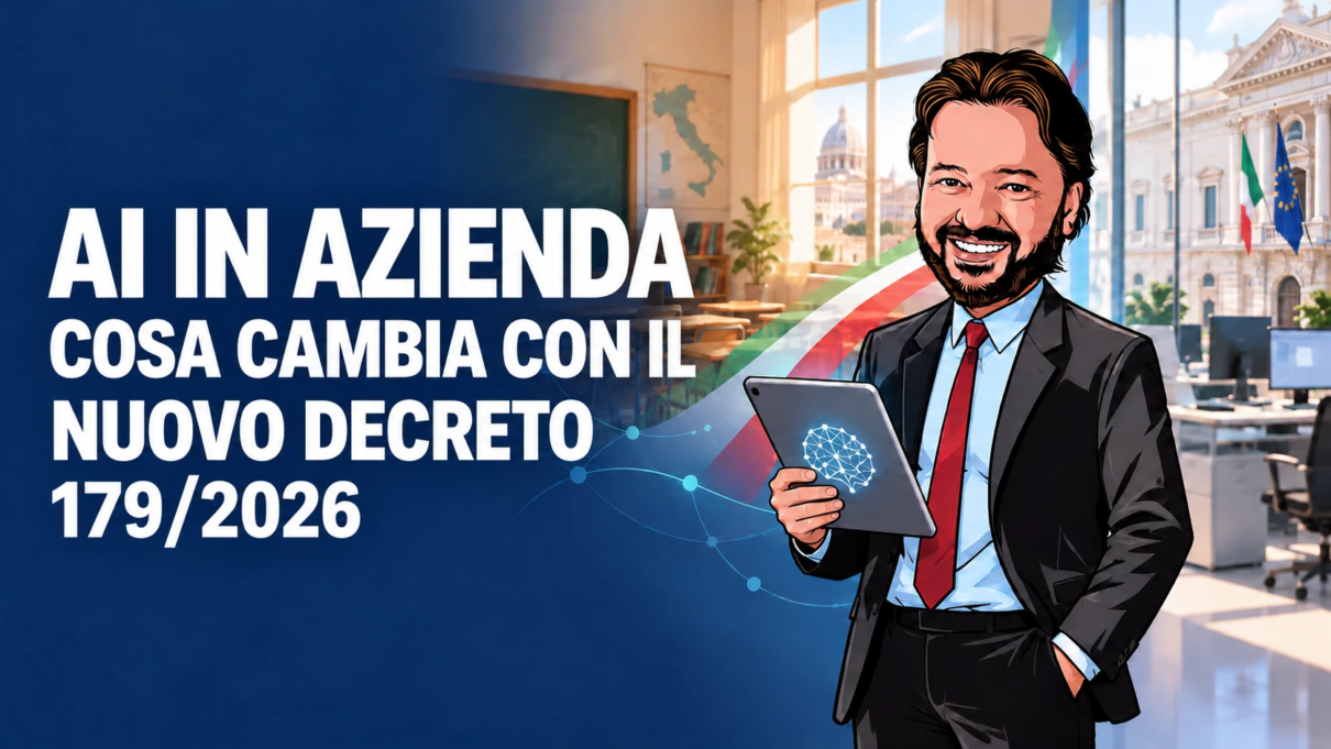 Gianluigi Bonanomi con il suo avatar nella copertina sull’AI in azienda e il decreto 179/2026