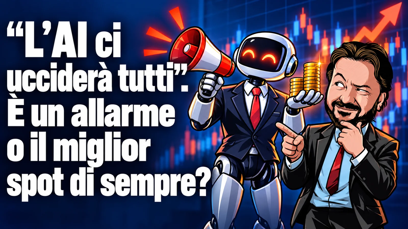 Gianluigi Bonanomi osserva un robot con megafono e monete: il marketing della paura dell’intelligenza artificiale.