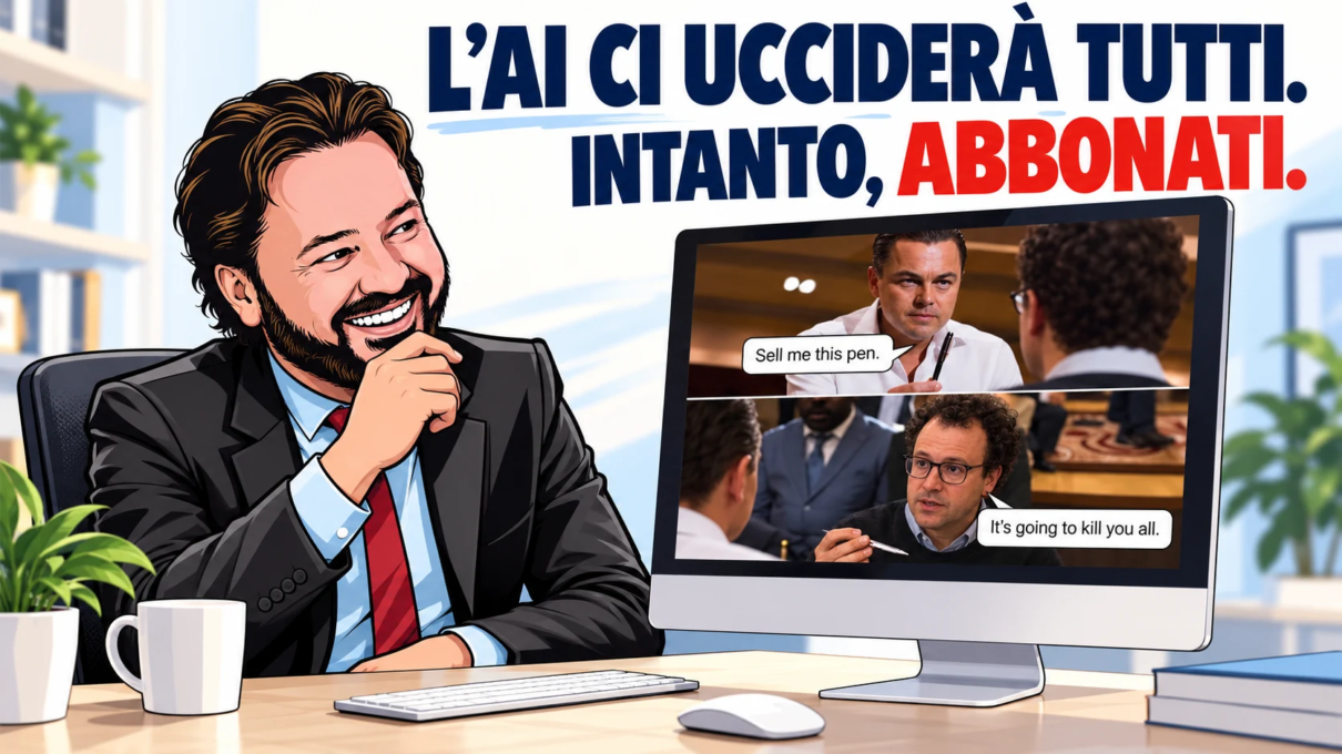 L’avatar di Gianluigi Bonanomi guarda divertito il meme della penna sul computer: L’AI ci ucciderà tutti. Intanto, abbonati.