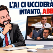 L’avatar di Gianluigi Bonanomi guarda divertito il meme della penna sul computer: L’AI ci ucciderà tutti. Intanto, abbonati.