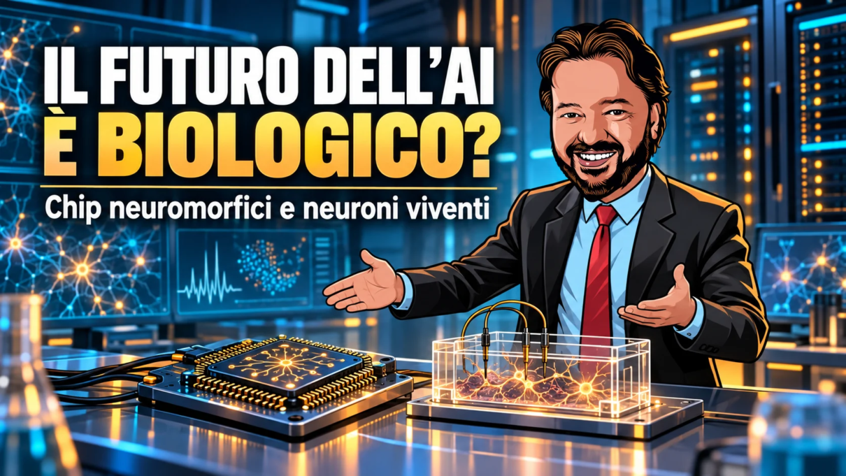 Avatar di Gianluigi Bonanomi presenta un chip neuromorfico e una coltura di neuroni viventi: illustrazione concettuale del futuro dell’AI.