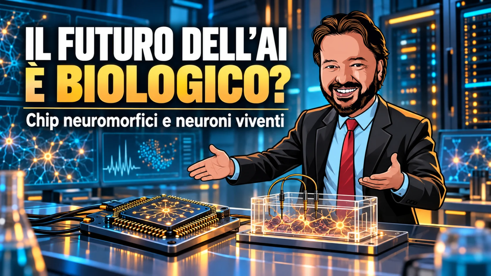 Avatar di Gianluigi Bonanomi presenta un chip neuromorfico e una coltura di neuroni viventi: illustrazione concettuale del futuro dell’AI.