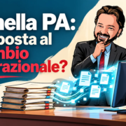 AI nella PA: la risposta al ricambio generazionale? Avatar di Gianluigi Bonanomi davanti a fascicoli digitalizzati e una sedia vuota in un ufficio pubblico