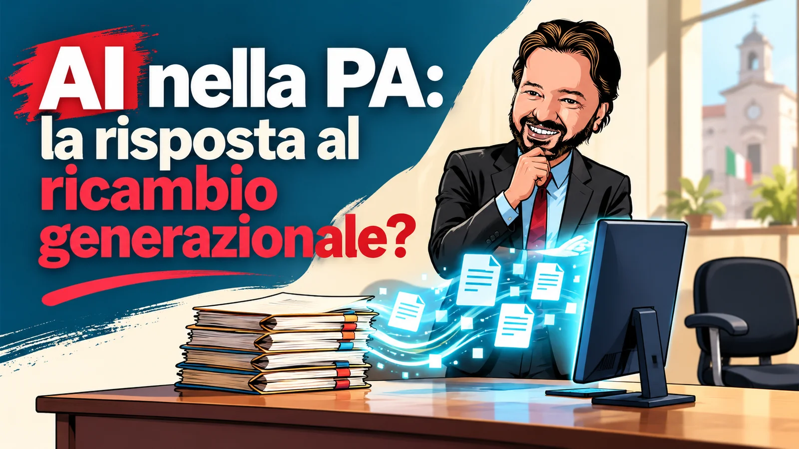 Avatar di Gianluigi Bonanomi davanti a fascicoli digitalizzati e una sedia vuota in un ufficio pubblico