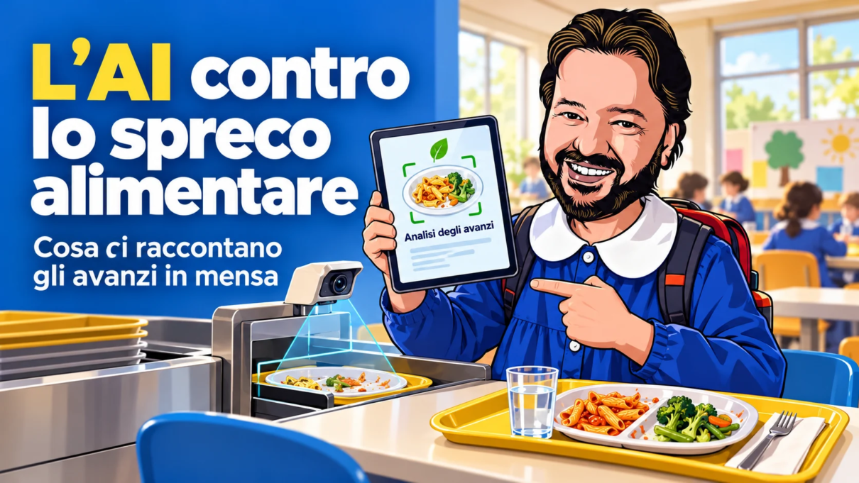 Avatar di Gianluigi Bonanomi vestito da scolaro in mensa con un tablet che analizza gli avanzi per ridurre lo spreco alimentare