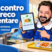 L’AI contro lo spreco alimentare in mensa Avatar di Gianluigi Bonanomi vestito da scolaro in mensa con un tablet che analizza gli avanzi per ridurre lo spreco alimentare