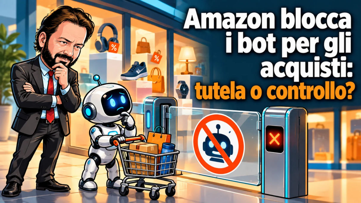 Gianluigi Bonanomi e un robot con carrello davanti a un accesso che blocca gli agenti per gli acquisti