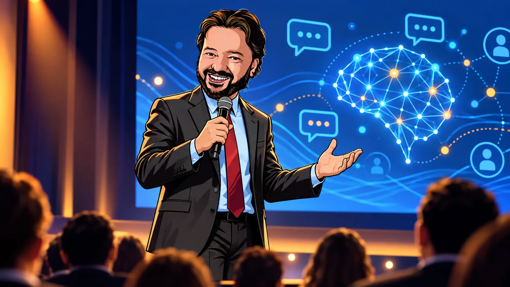 Avatar di Gianluigi Bonanomi sul palco durante una conferenza su intelligenza artificiale e comunicazione digitale