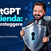 ChatGPT in azienda: come proteggere i dati Avatar di Gianluigi Bonanomi con uno scudo davanti a documenti aziendali, per illustrare la protezione dei dati con ChatGPT