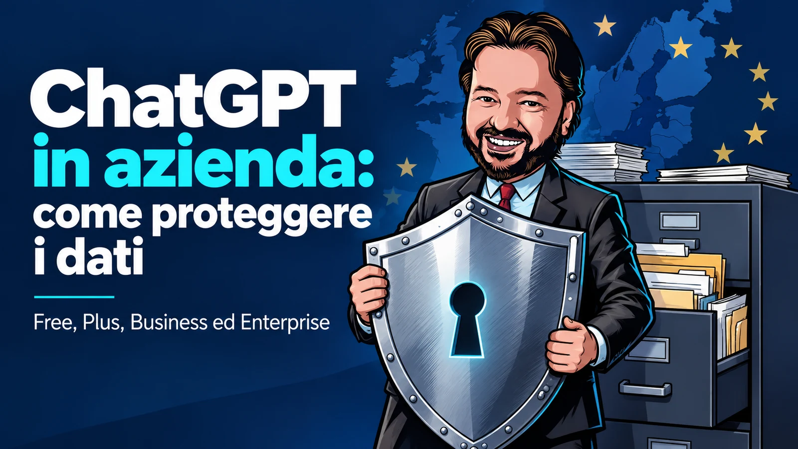 Avatar di Gianluigi Bonanomi con uno scudo davanti a documenti aziendali, per illustrare la protezione dei dati con ChatGPT