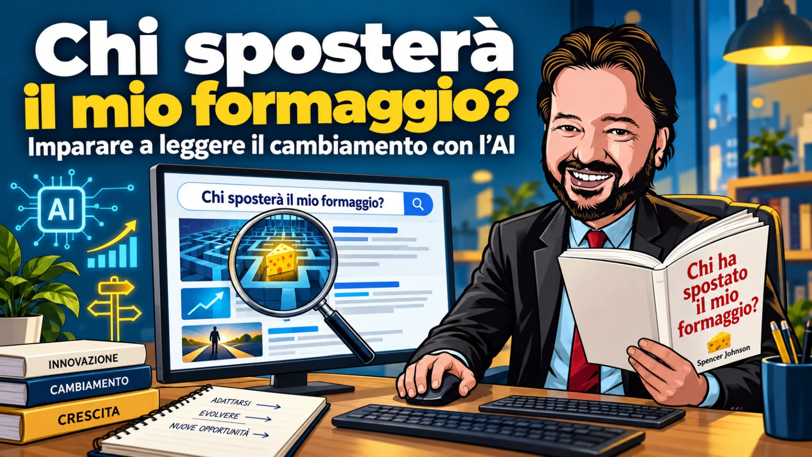 L’avatar di Gianluigi Bonanomi legge Chi ha spostato il mio formaggio? di Spencer Johnson e cerca al computer i segnali del cambiamento con l’AI