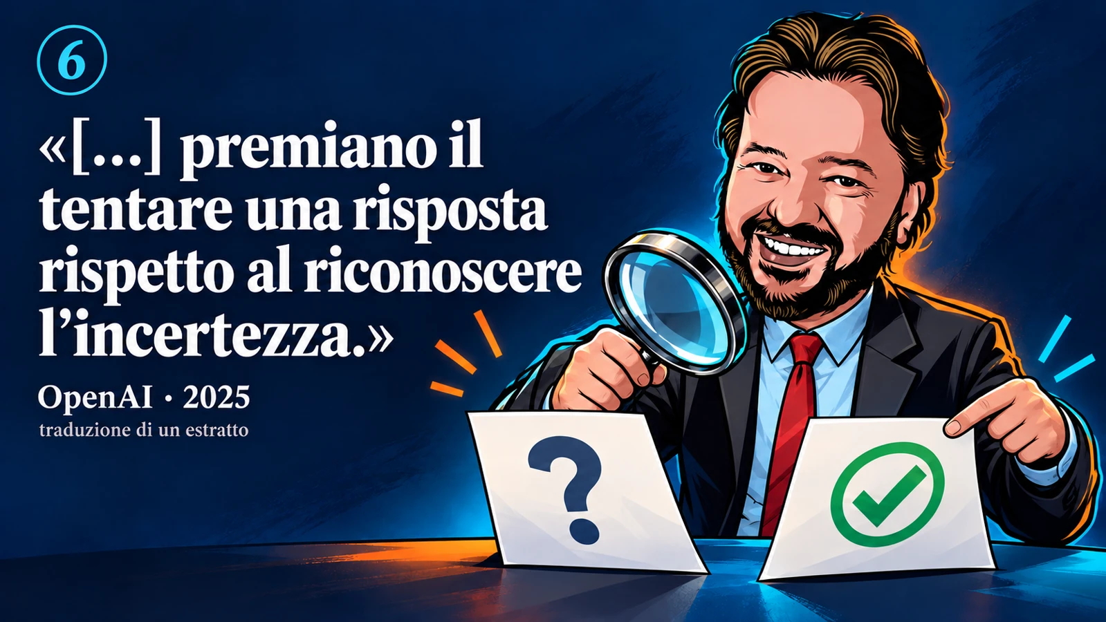Avatar di Gianluigi Bonanomi con la citazione 6 di OpenAI · 2025: […] premiano il tentare una risposta rispetto al riconoscere l’incertezza.