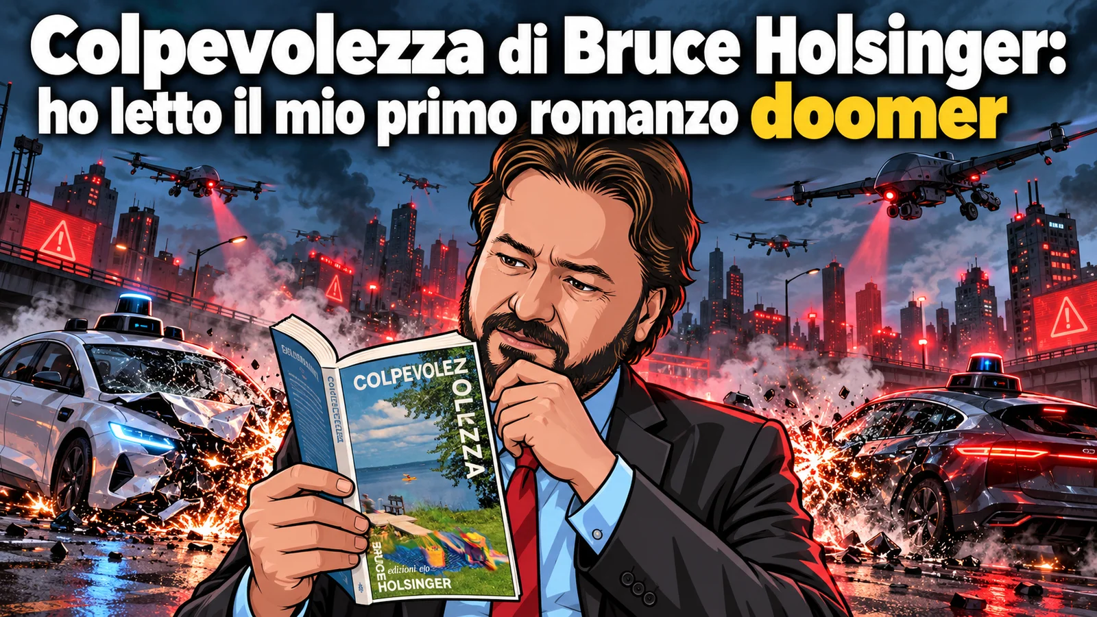 Avatar di Gianluigi Bonanomi legge Colpevolezza, con auto autonome incidentate e droni sullo sfondo.