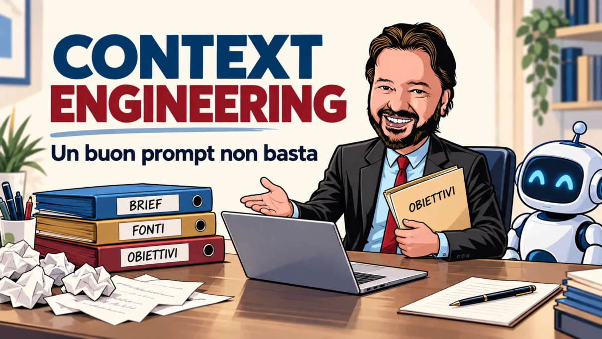 L’avatar di Gianluigi Bonanomi organizza brief, fonti e obiettivi per spiegare il context engineering.