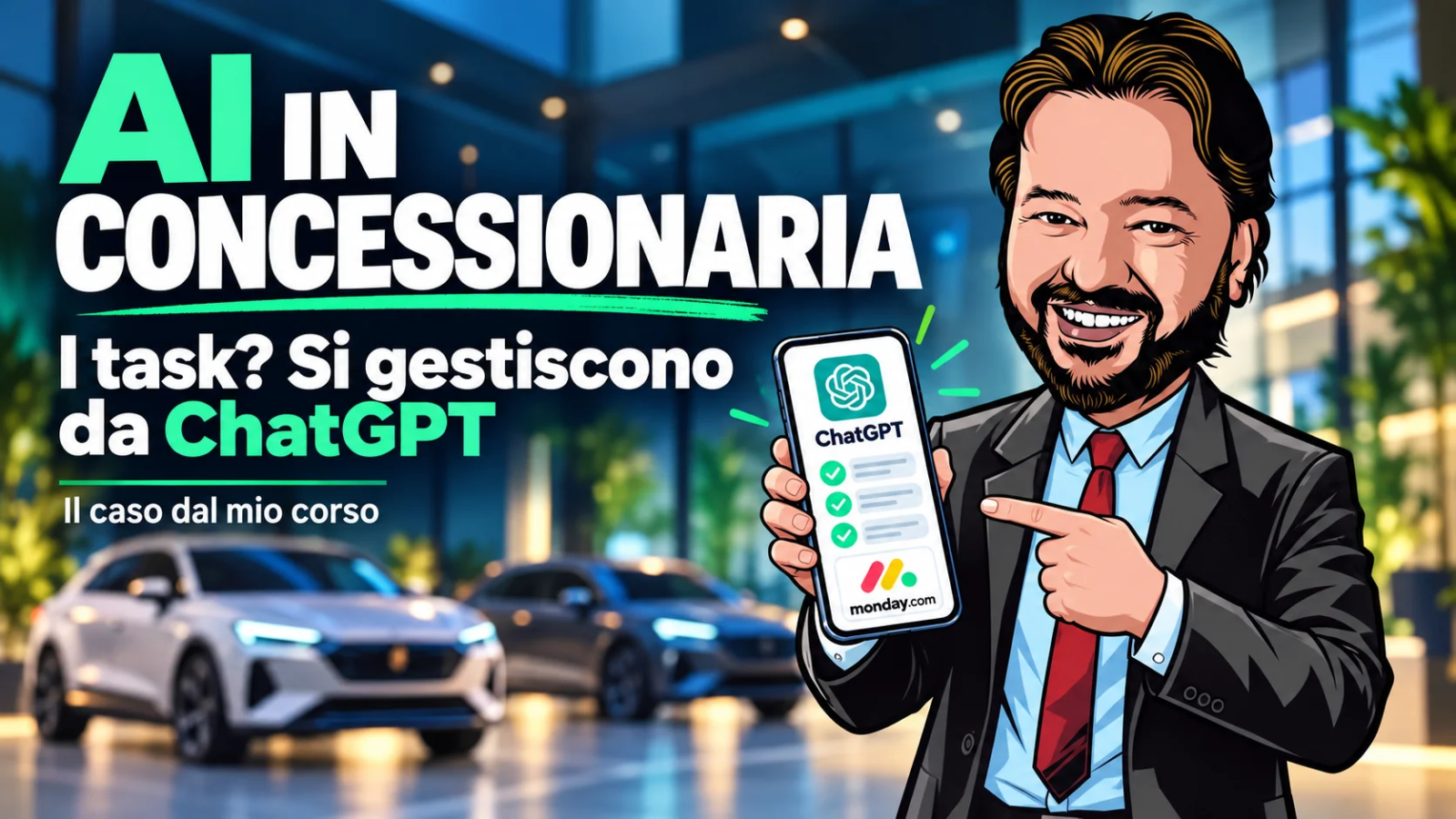 Avatar di Gianluigi Bonanomi in concessionaria con smartphone e ChatGPT collegato a monday.com