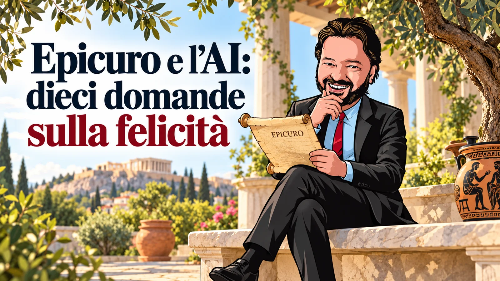 Avatar di Gianluigi Bonanomi che legge un papiro di Epicuro in un giardino dell’antica Atene