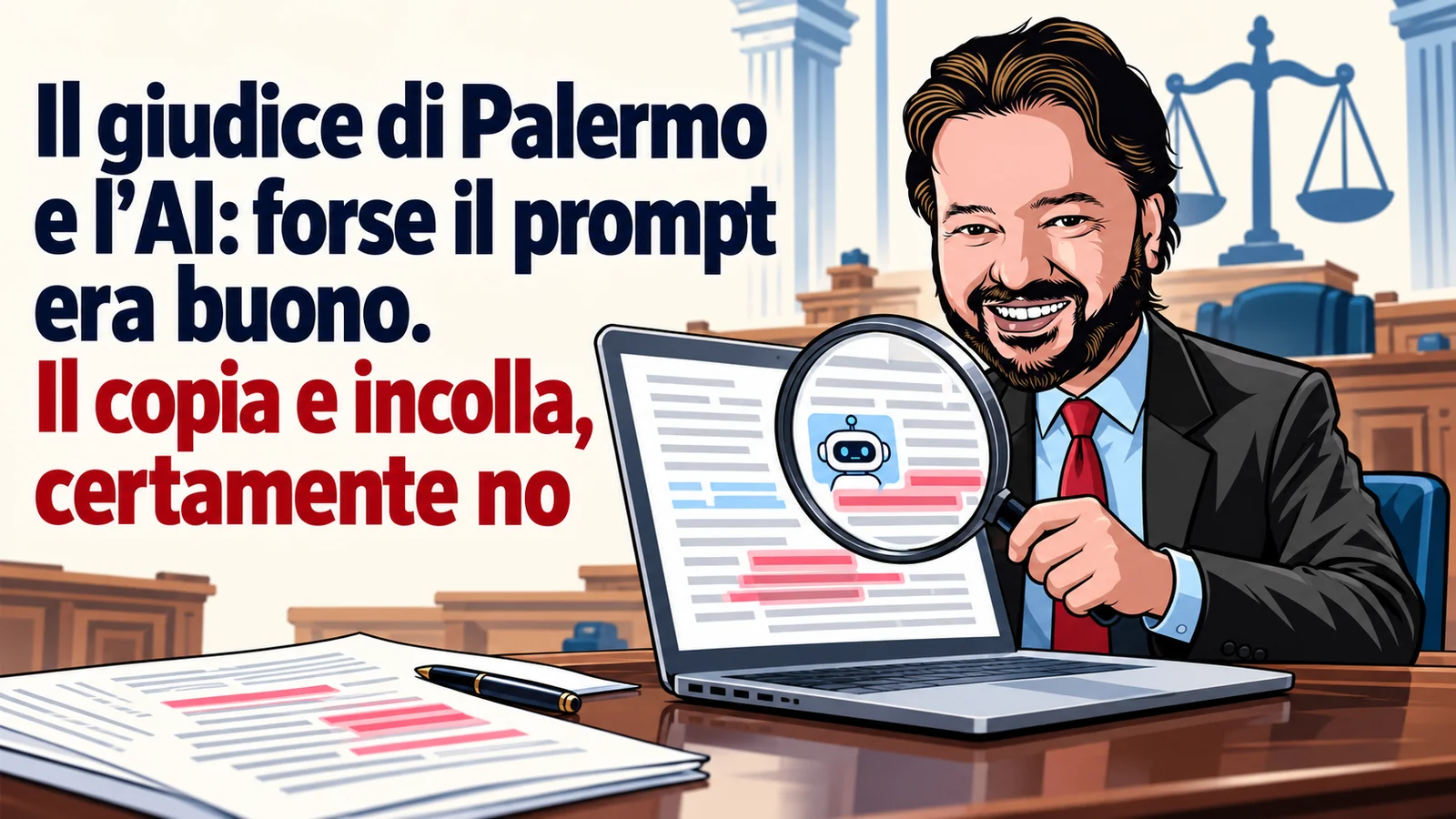 Avatar di Gianluigi Bonanomi esamina con una lente una sentenza contenente un commento del chatbot, in un tribunale illustrato