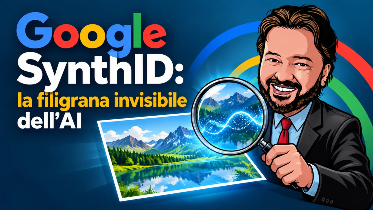 Avatar di Gianluigi Bonanomi con una lente che rivela simbolicamente la filigrana invisibile di Google SynthID