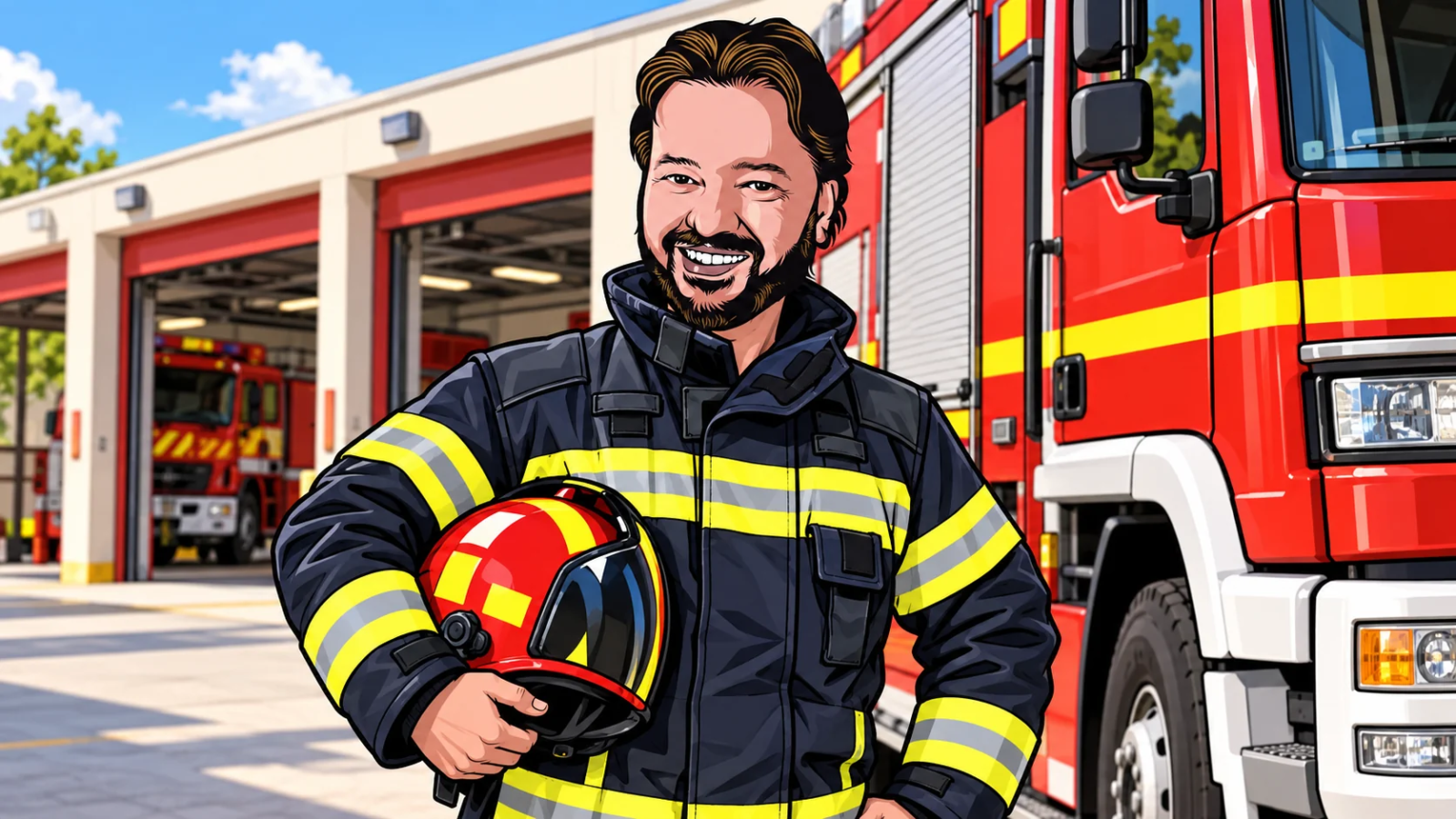 Avatar di Gianluigi Bonanomi vestito da pompiere, con il casco in mano e il volto scoperto.