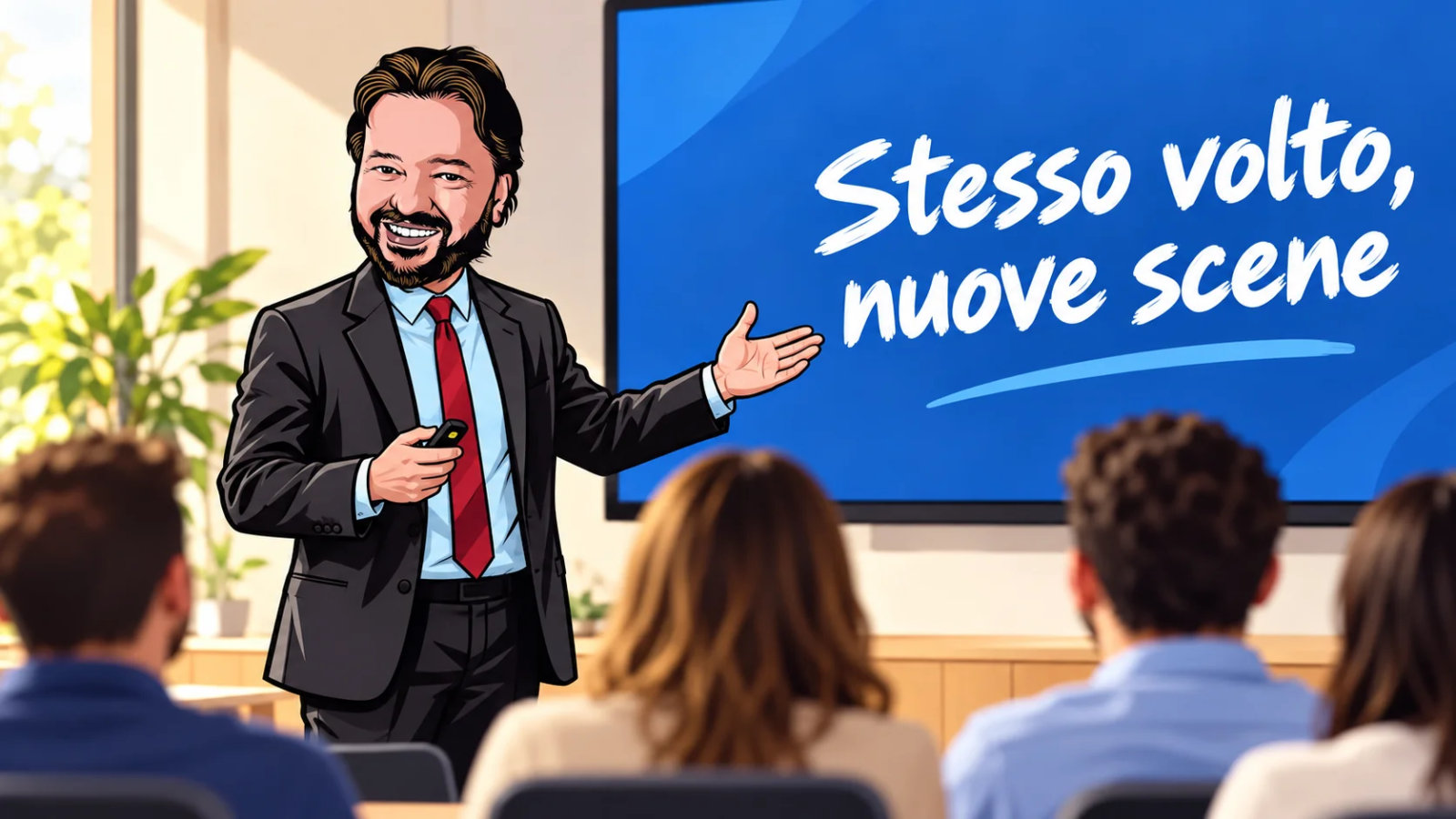 Avatar di Gianluigi Bonanomi durante un workshop davanti a uno schermo con la scritta Stesso volto, nuove scene.