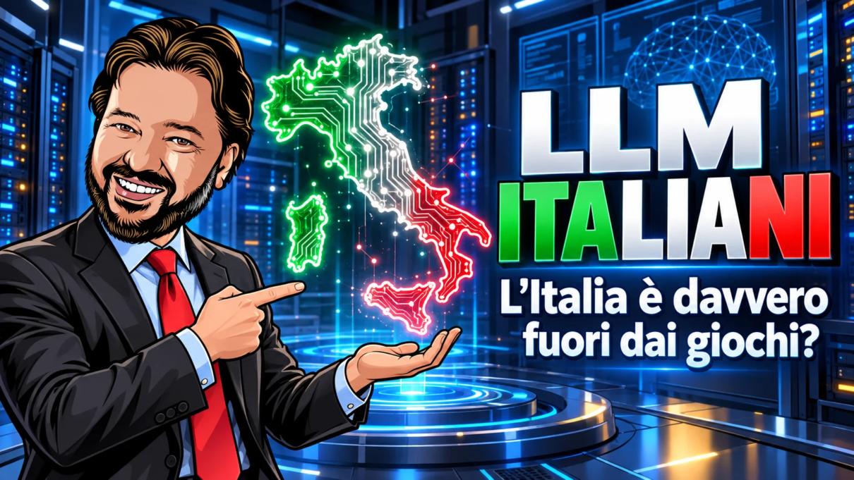 Avatar di Gianluigi Bonanomi presenta gli LLM italiani davanti a una mappa digitale dell’Italia