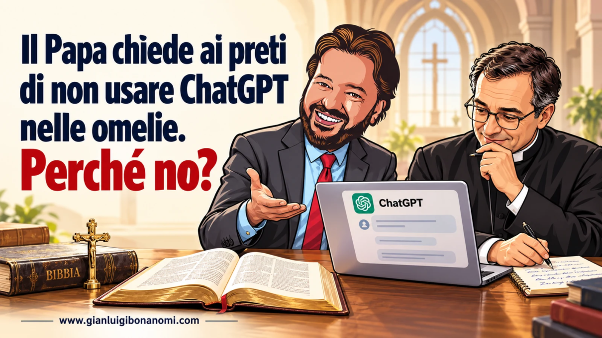 Gianluigi Bonanomi e un sacerdote preparano un’omelia con appunti personali e ChatGPT al computer