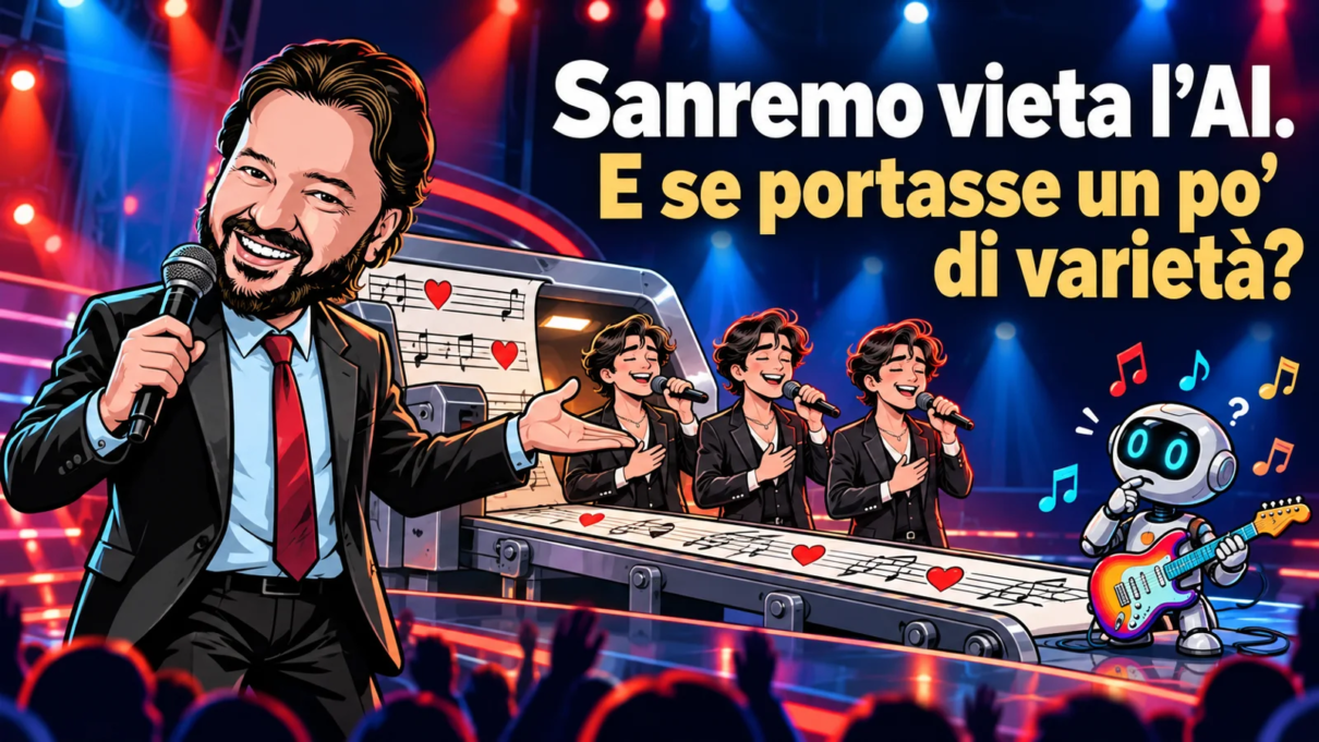 L’avatar di Gianluigi Bonanomi presenta una catena di montaggio di cantanti e un robot musicista: provocazione su Sanremo e varietà creativa.