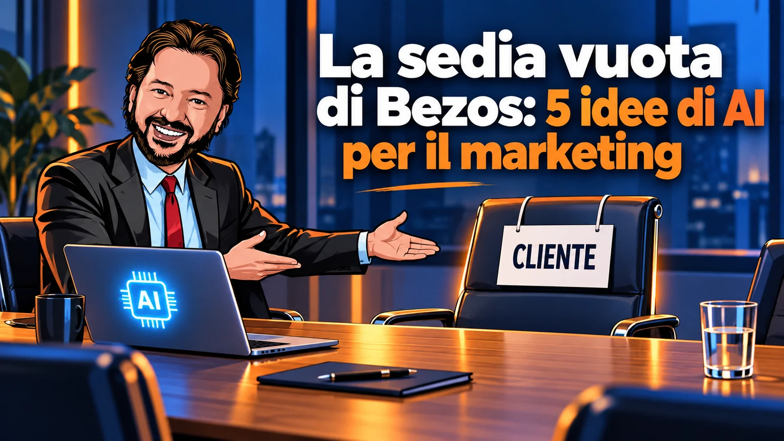 Avatar di Gianluigi Bonanomi indica la sedia vuota riservata al cliente durante una riunione di marketing.