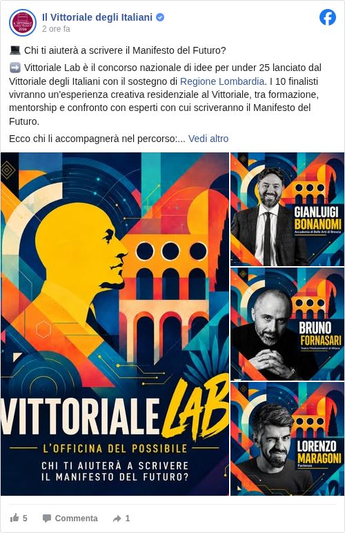 Screenshot del post ufficiale del Vittoriale del 14 ottobre 2026 con i tre facilitatori di Vittoriale LAB
